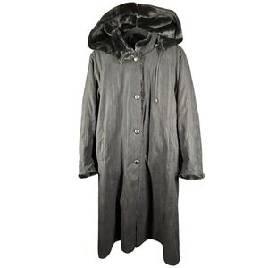 Liz Claiborne Long Hooded Coat Womens Size M Black Faux Fur Trim Lined